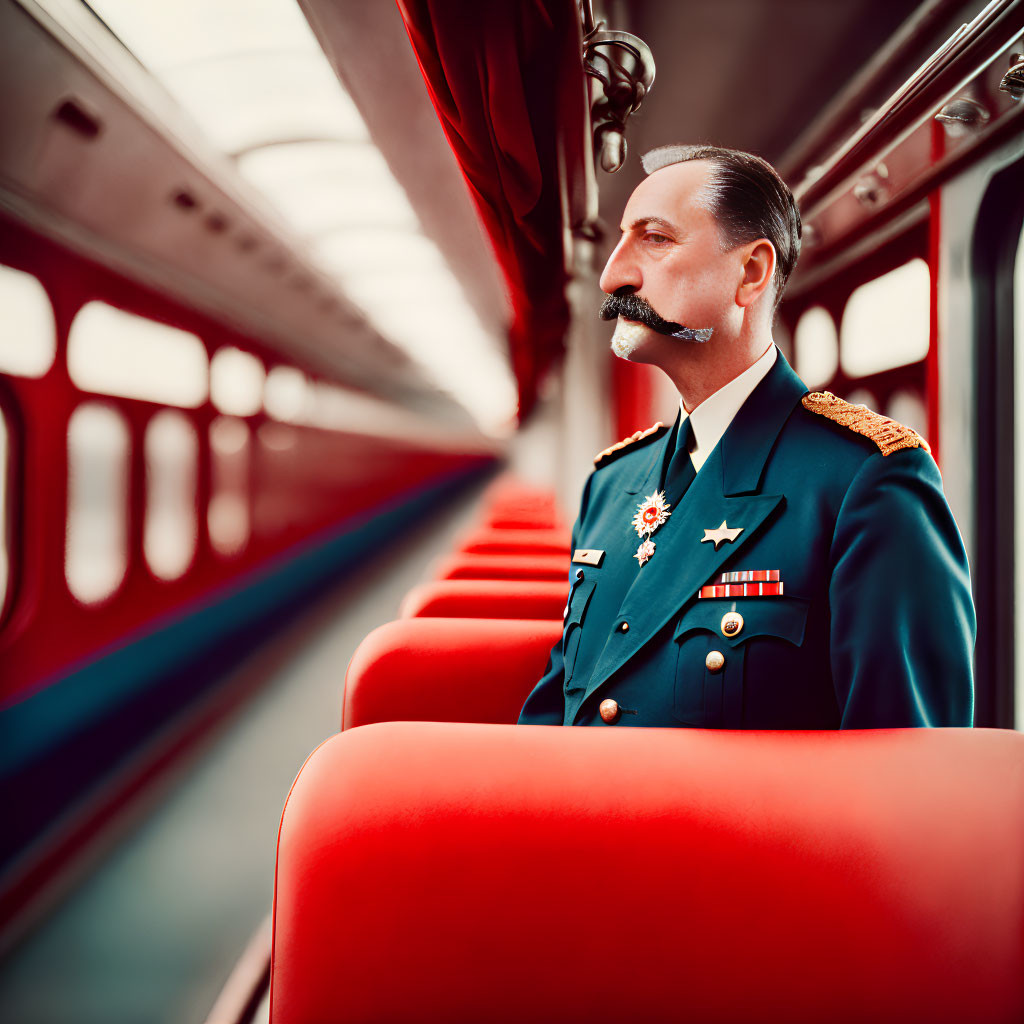 Decorated Military Man Sitting on Train with Red Seats