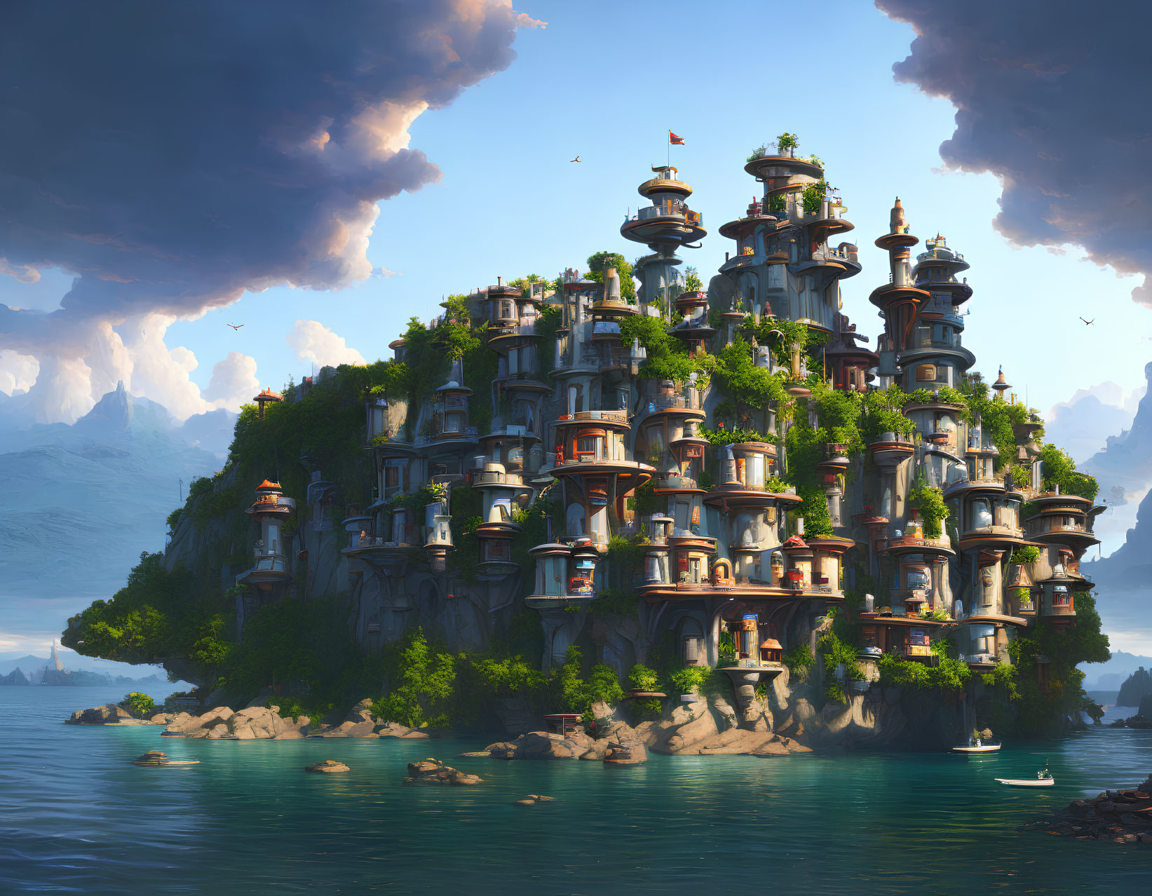Fantastical island city with towering buildings and lush greenery against clear blue skies and calm waters