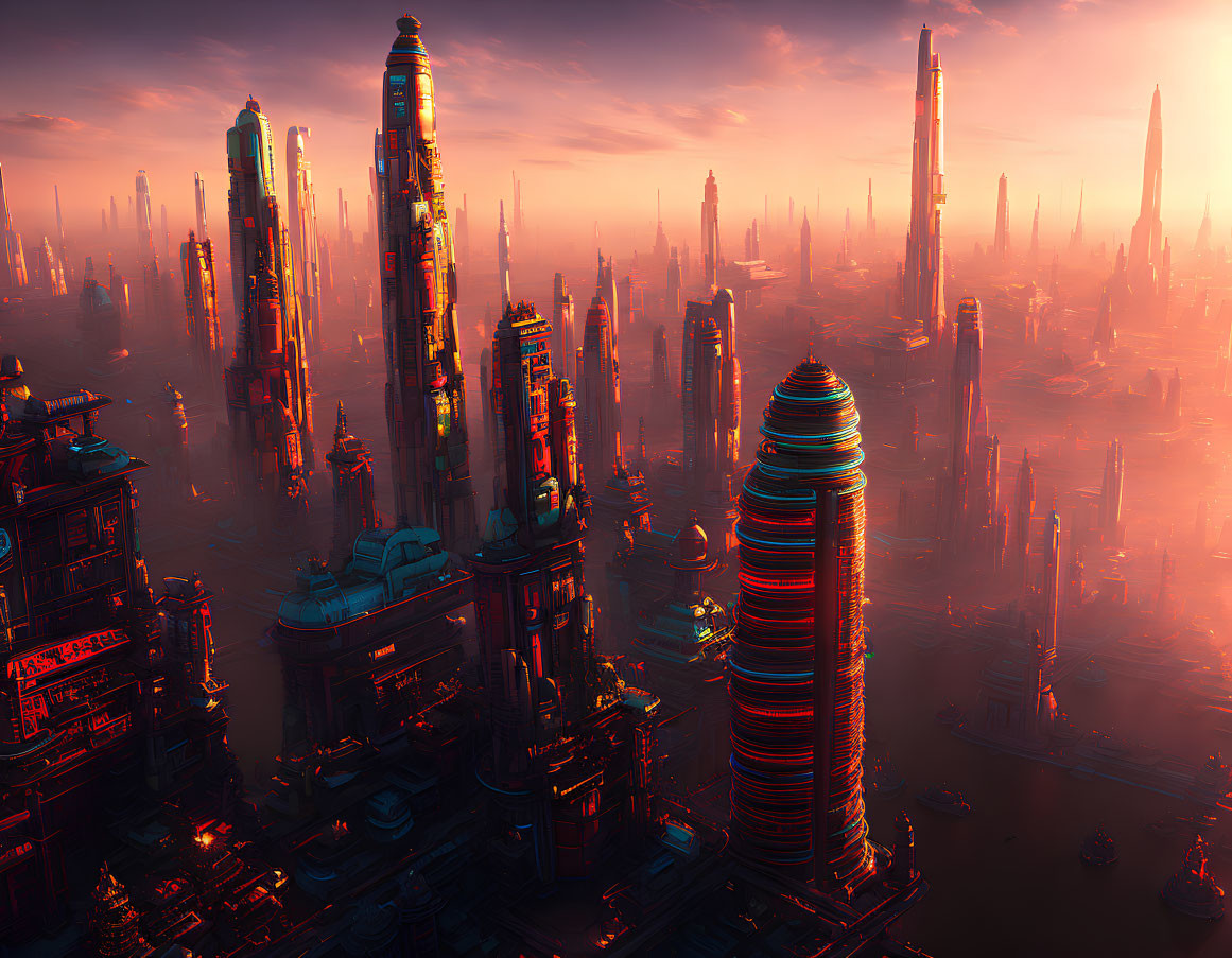 Futuristic cityscape at sunset with glowing skyscrapers