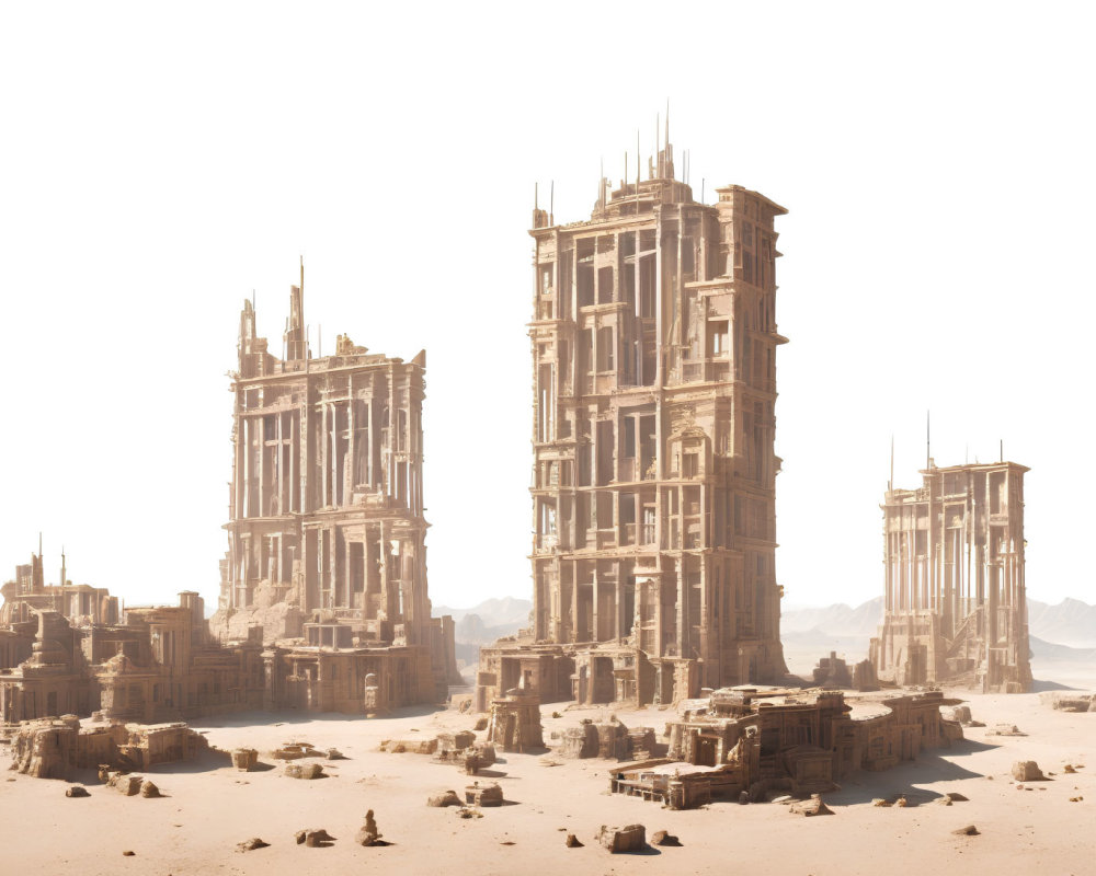 Dilapidated skyscrapers in futuristic desert city