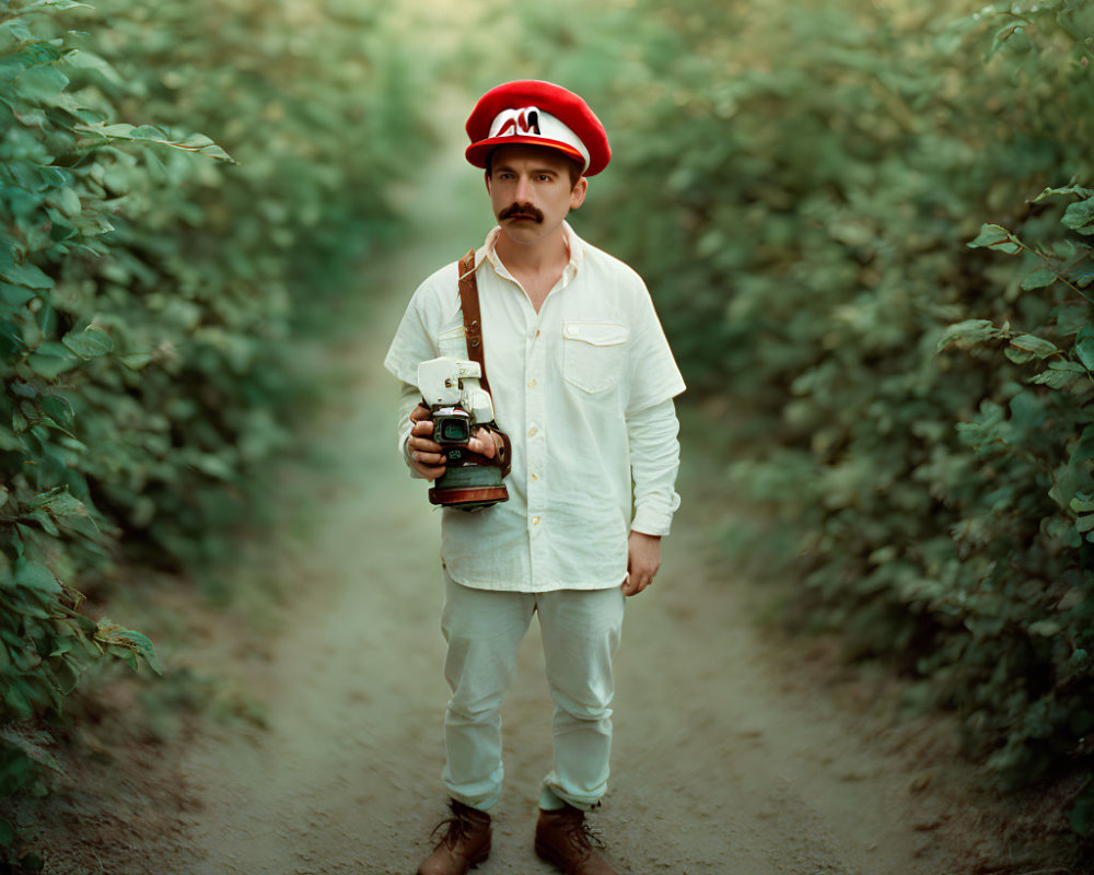 Man in White Outfit with Red "M" Cap Holding Vintage Camera on Narrow Path surrounded by Green