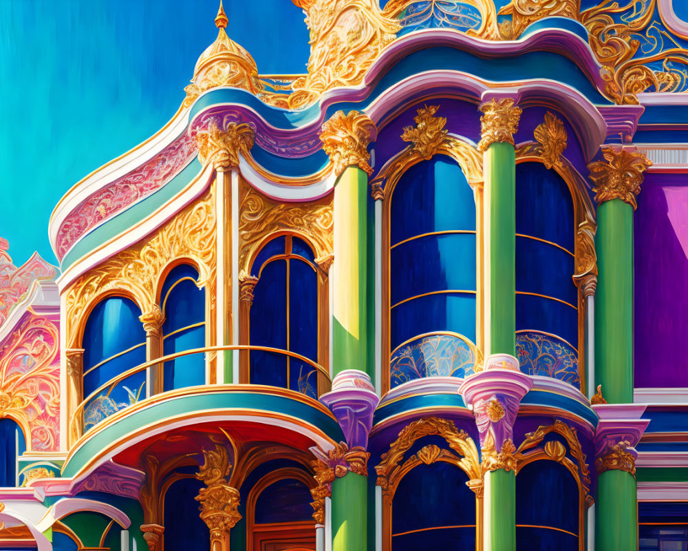 Colorful ornate building facade with gold trim and blue windows against blue sky.