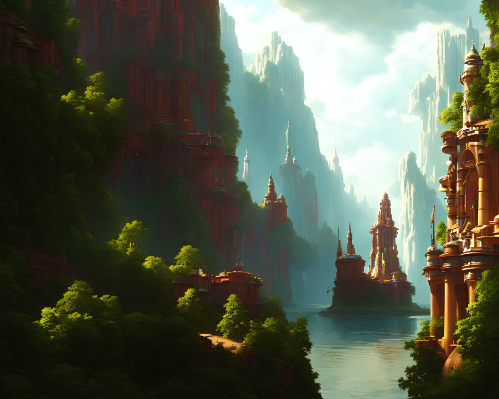 Fantasy landscape with lush river valley and towering cliffs