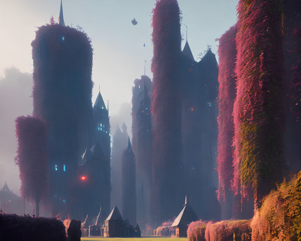 Fantastical landscape with tall towers, red foliage, and flying crafts in misty dusk