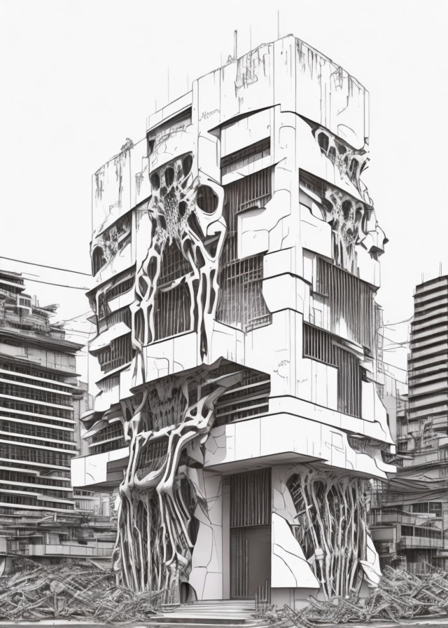 Monochrome illustration of modern building with intricate, tree root-like designs in urban setting