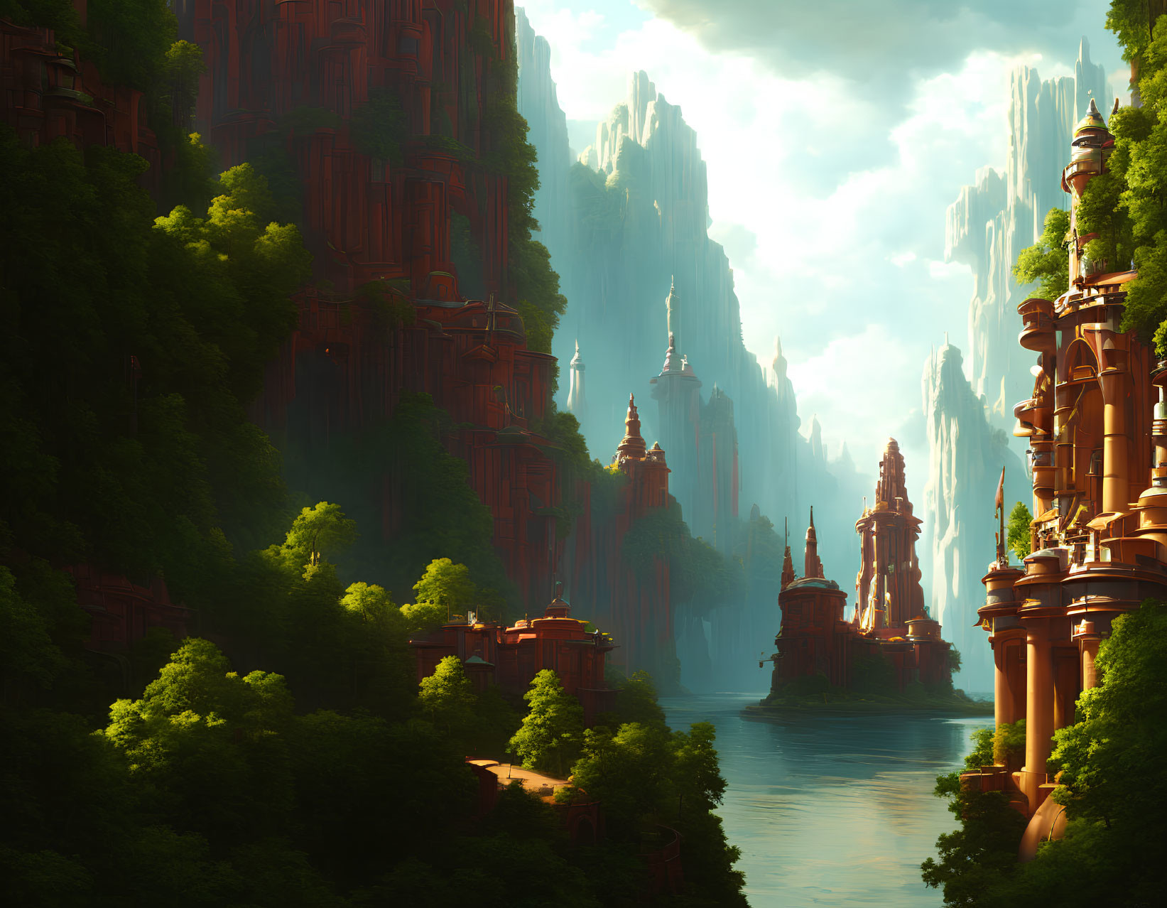 Fantasy landscape with lush river valley and towering cliffs