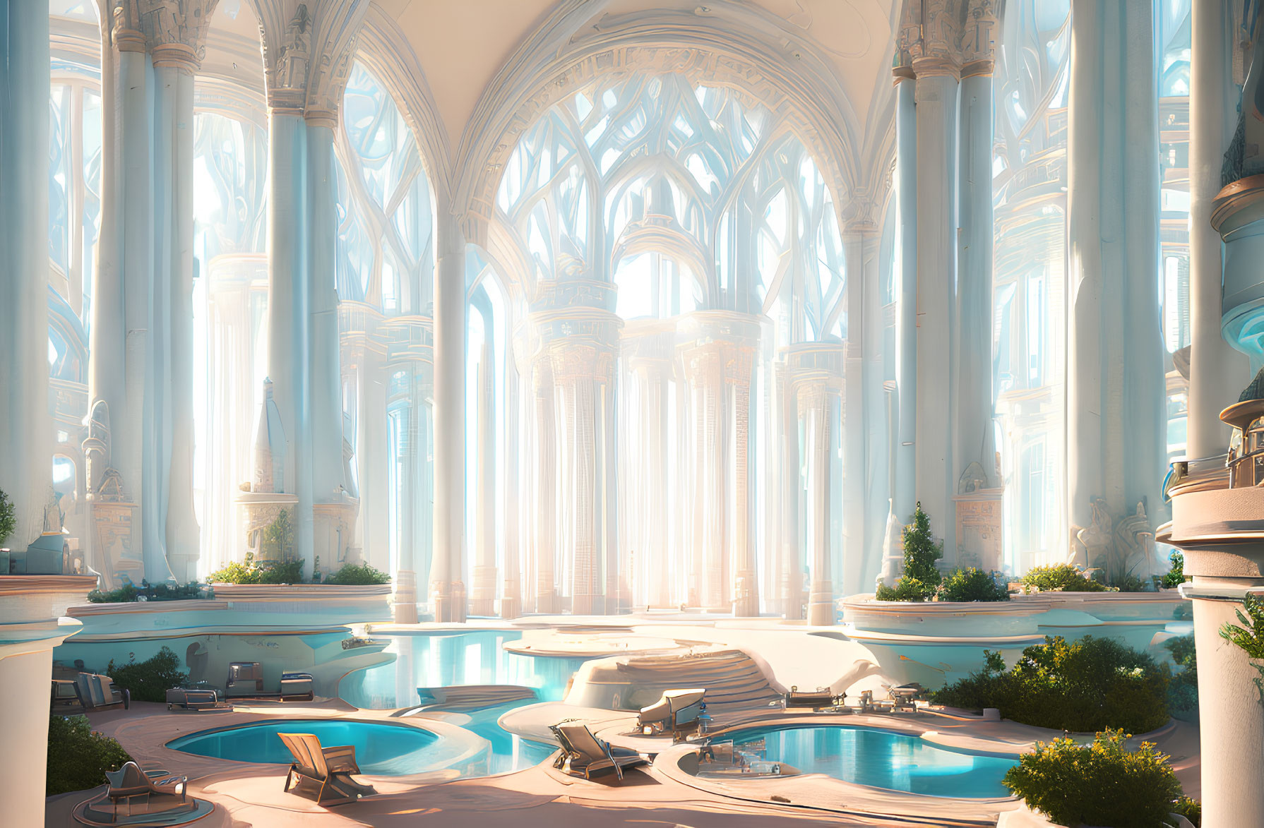 Grand, sunlit cathedral interior with towering pillars and tranquil pools