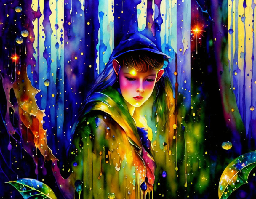 Person in Hood Surrounded by Colorful Streaks in Magical Scene