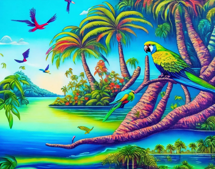 Colorful Tropical Landscape Painting with Parrots, Palms, and River