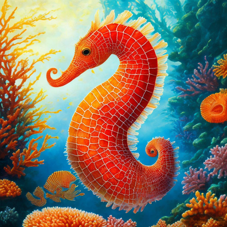 Detailed Red Seahorse Illustration Among Colorful Coral Reefs