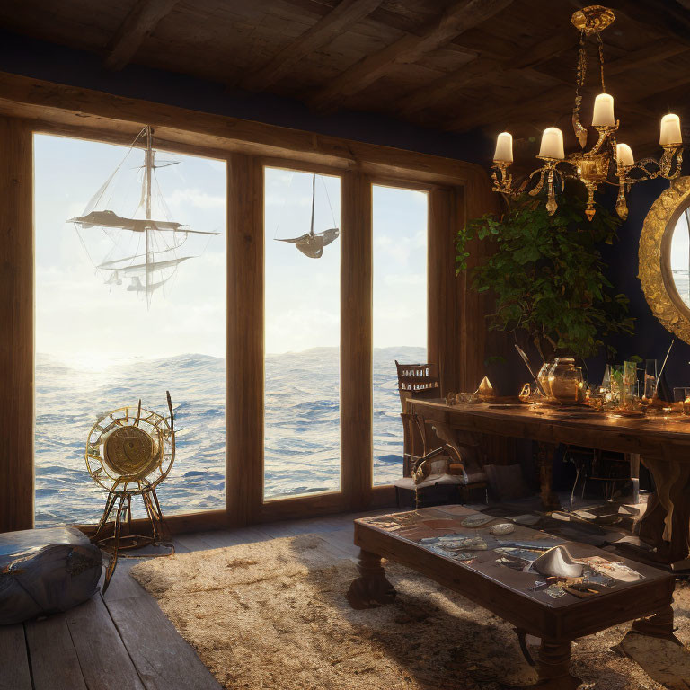 Nautical-themed room with ocean view and maritime decor