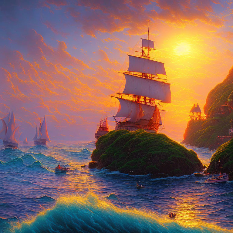 Sailing ships on turbulent seas near lush islands at sunset