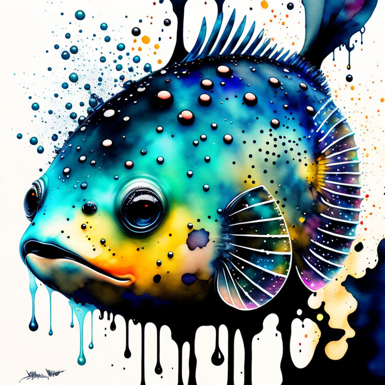 Vibrant Fish Painting with Colorful Splashes and Dripping Effects