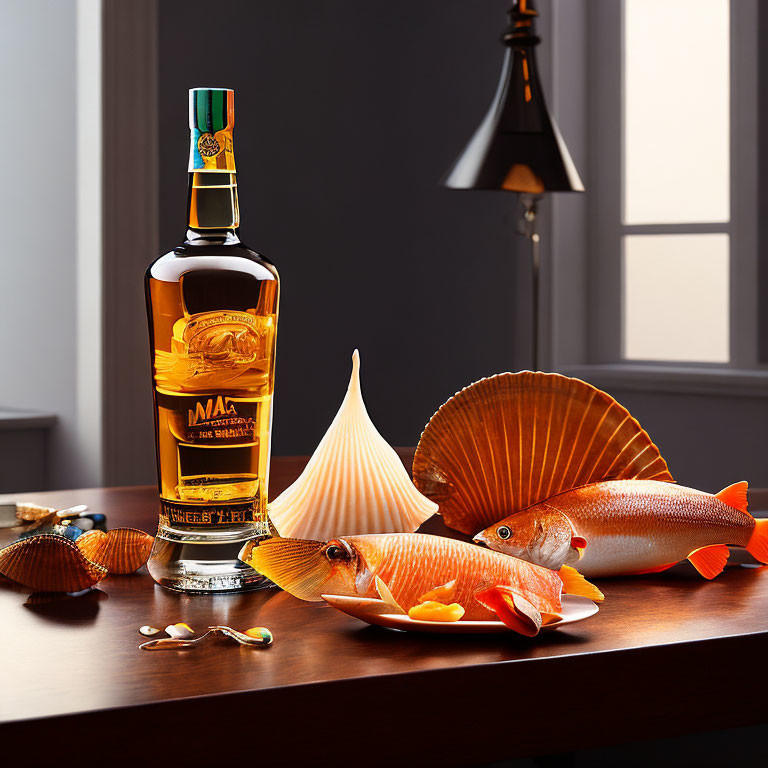 Colorful Fish, Seashells, and Pearls Surround Cyrillic Liquor Bottle