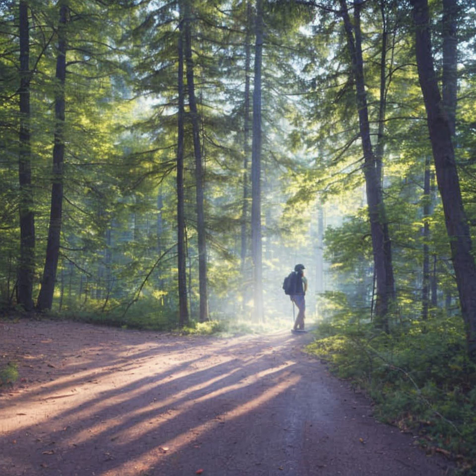 Hiker on Forest Trail with Sunlight Filtering Through Trees