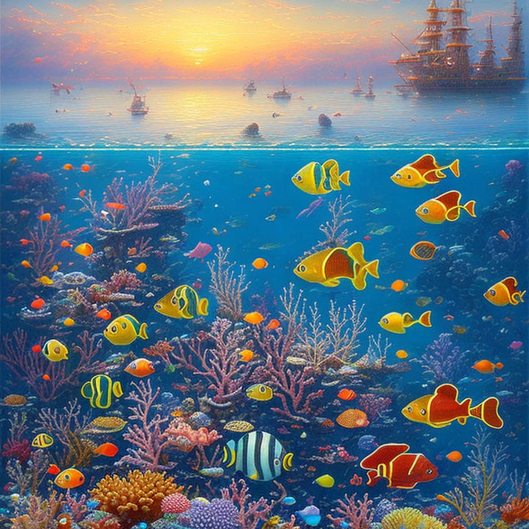 Colorful Fish and Coral in Vibrant Underwater Scene with Sunset and Sailing Ships