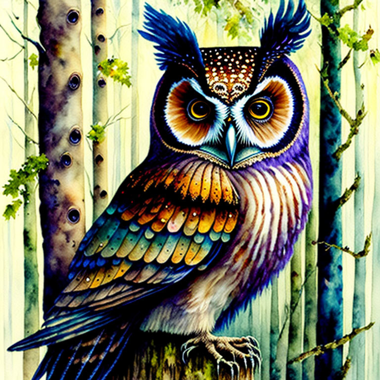 Colorful Owl Illustration with Intricate Feathers on Nature Background