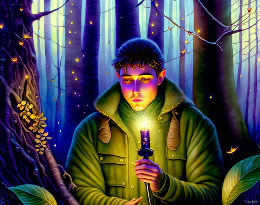 Person in Green Jacket Holding Glowing Lantern in Mystical Forest