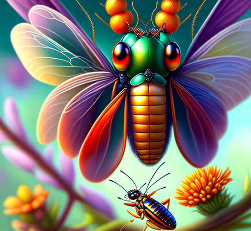 Colorful Stylized Dragonfly and Ant Illustration on Floral Background