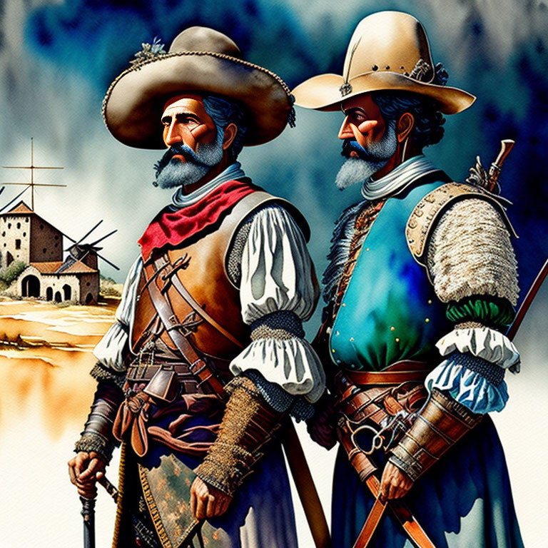 Illustrated Spanish conquistadors in 16th-century clothing with windmill and fort.