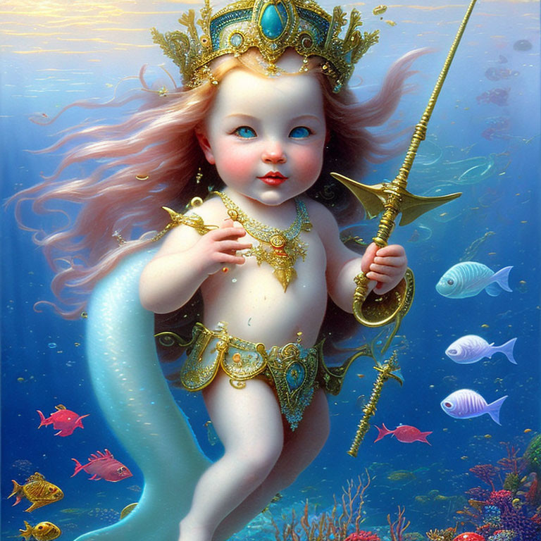 Mermaid child with crown and scepter surrounded by colorful fish