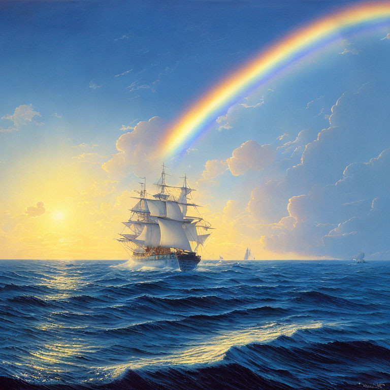 Tall ship sailing on choppy sea with rainbow, sunset, and billowing clouds