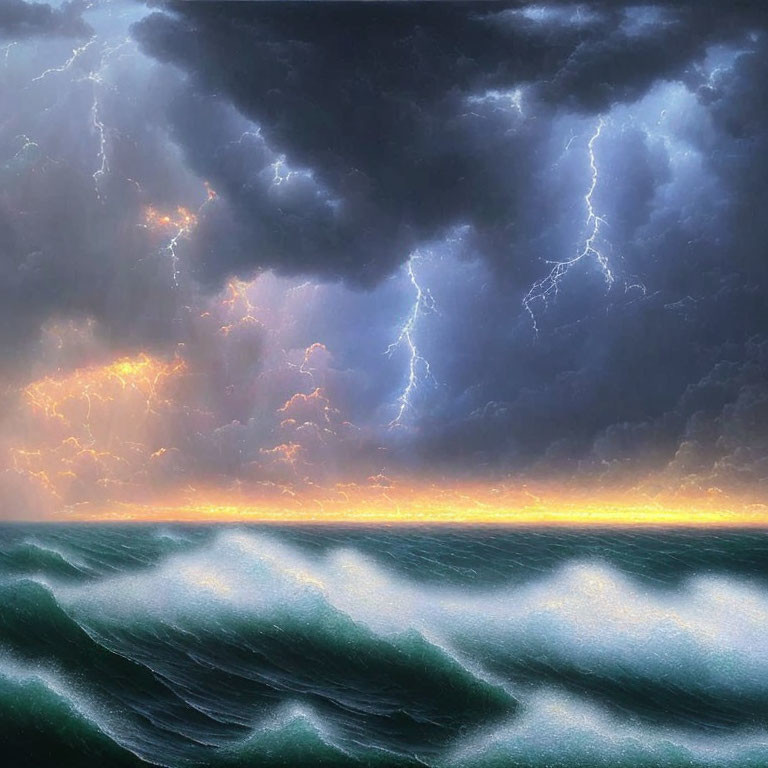 Stormy Ocean Scene with Lightning and Glowing Horizon