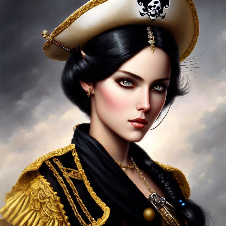 Illustration of woman in pirate attire with ornate details