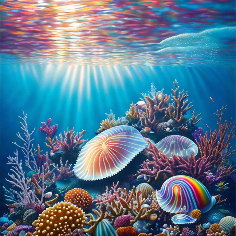 Colorful Coral Reefs and Shells in Sunlit Underwater Scene