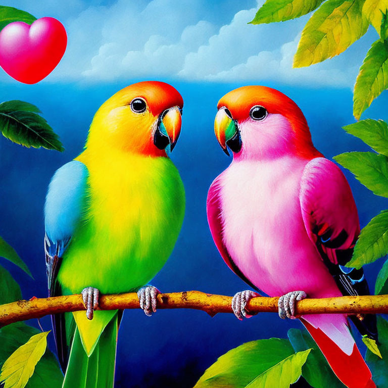 Vibrantly colored parakeets on branch with heart-shaped balloon against blue sky