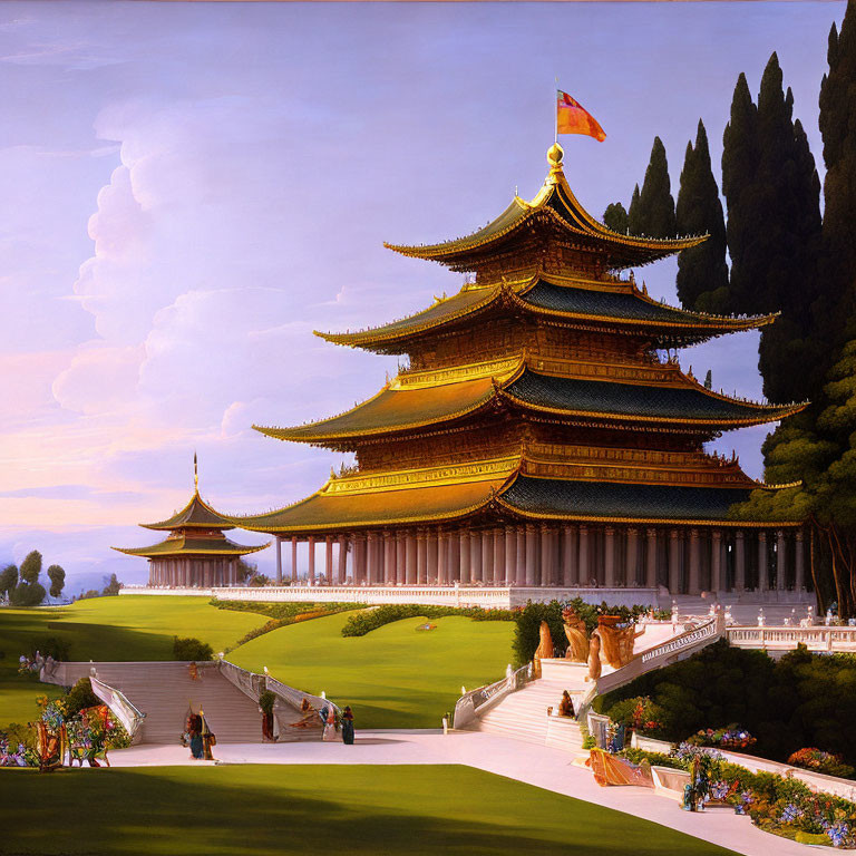 Traditional East Asian Pagoda Surrounded by Greenery and People