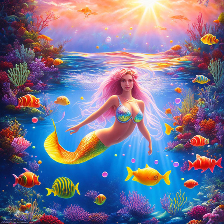 Colorful Mermaid Illustration with Pink Hair in Underwater Scene