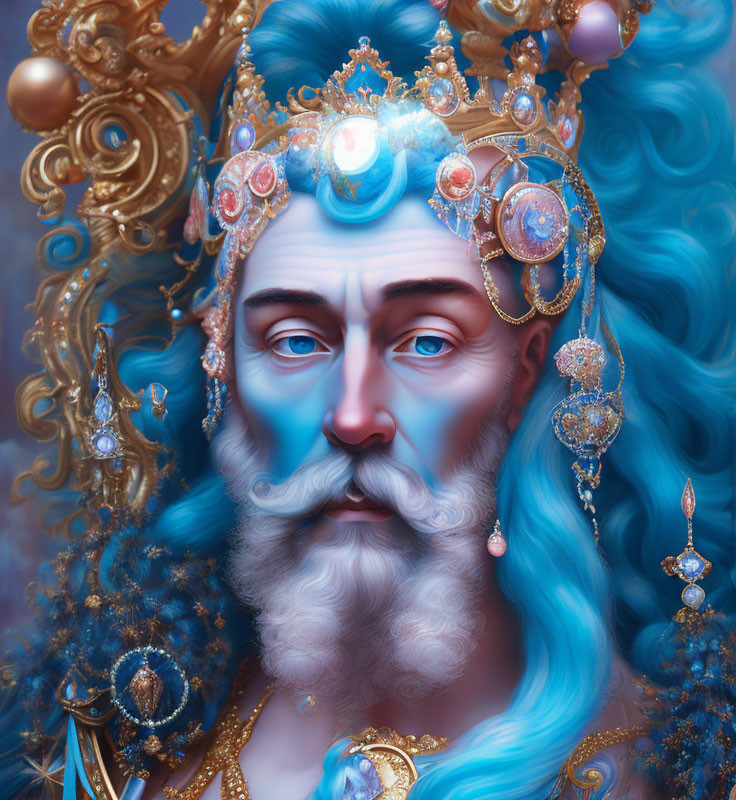 Regal figure with blue hair and beard in ornate golden jewelry