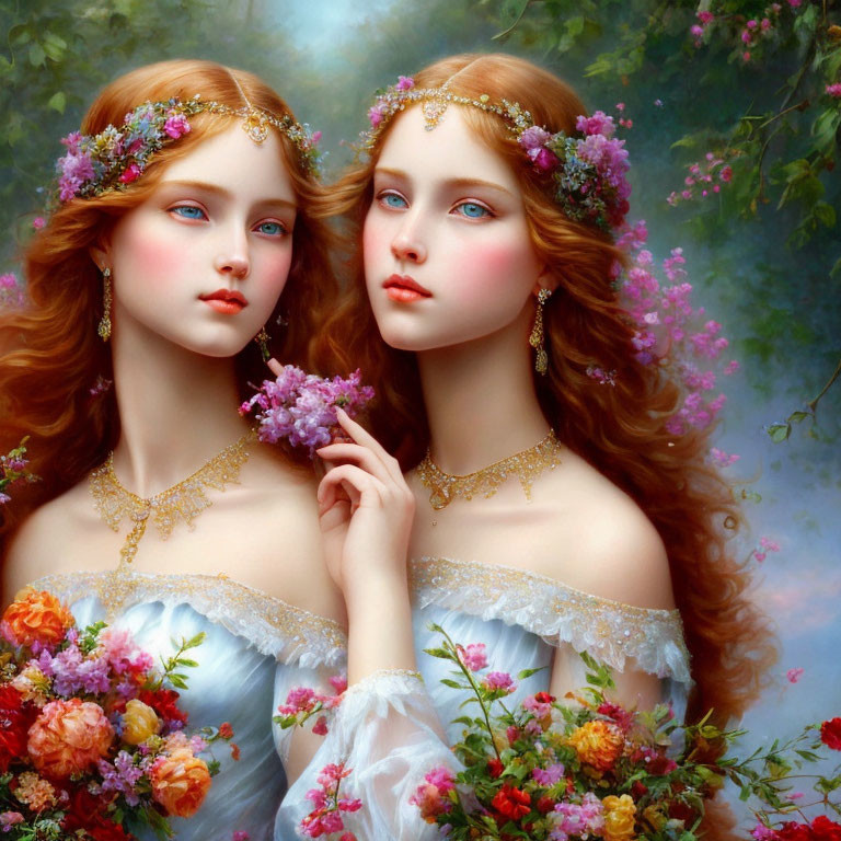 Ethereal women in floral crowns with flowing red hair and delicate jewelry