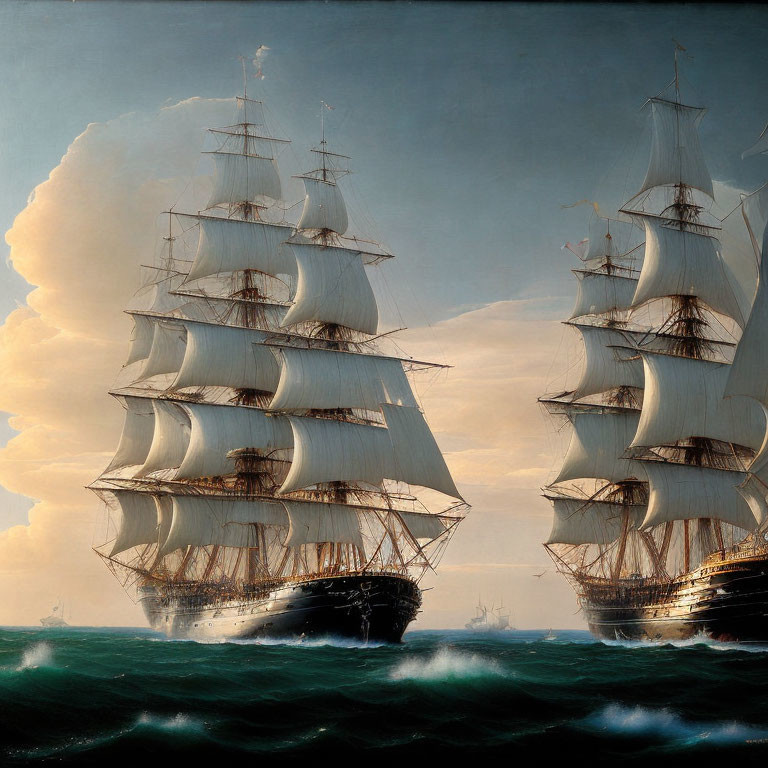 Majestic sailing ships with full sail on high seas under dramatic sky