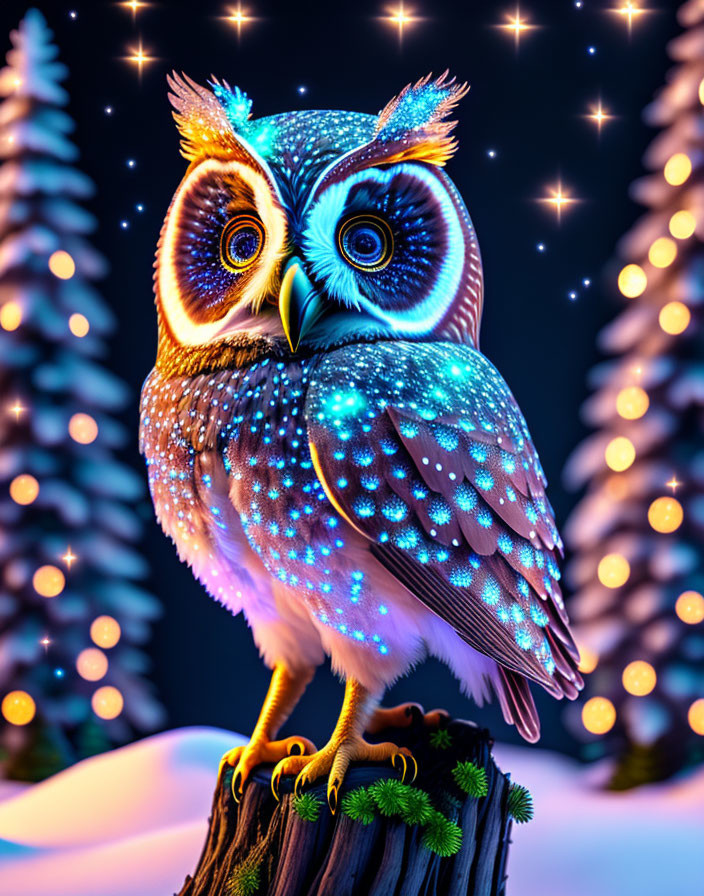 Colorful Owl Illustration with Starry Night Sky Pattern