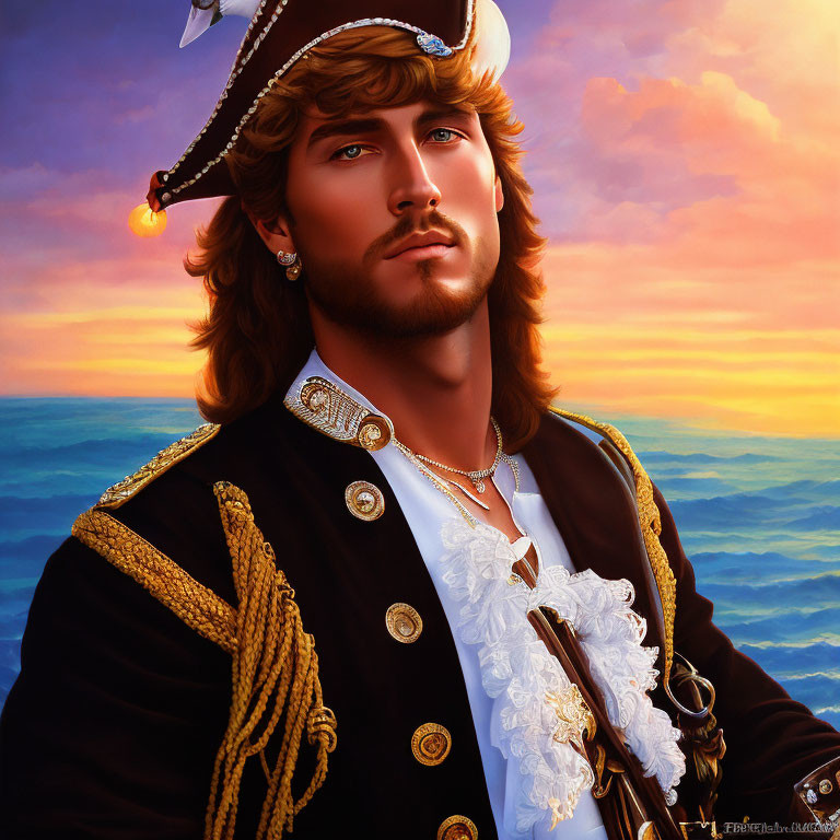 Bearded man in pirate costume with tricorn hat at sunset