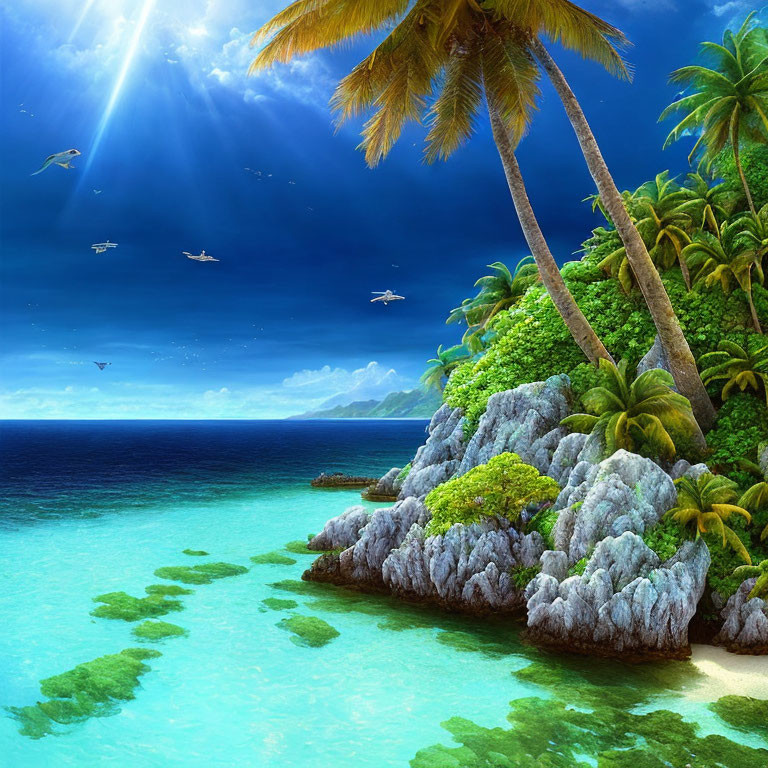 Tropical Beach Scene with Palm Trees and Blue Water