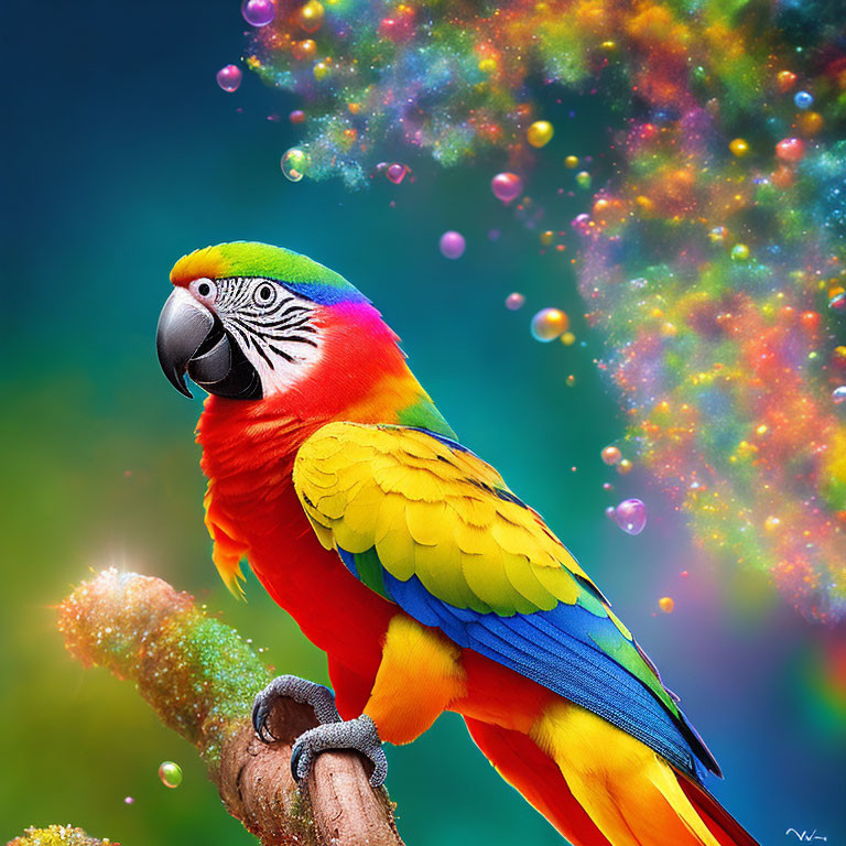 Colorful Macaw Perched on Branch with Cosmic Background