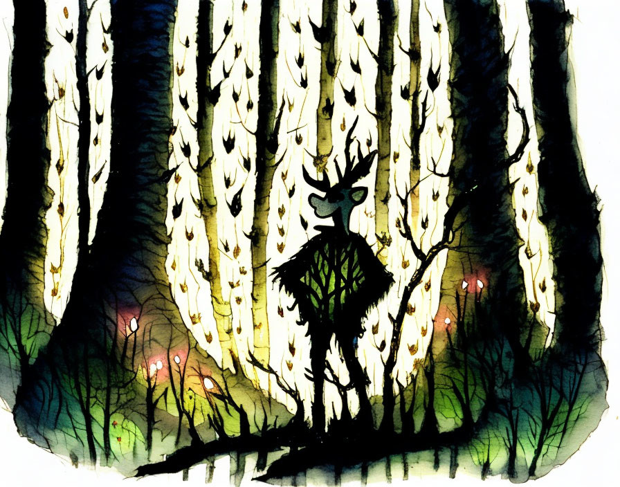 Mystical forest scene with silhouetted figure and glowing lights