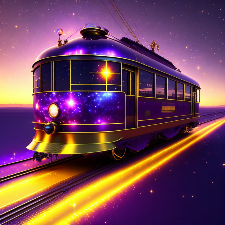 Colorful Galaxy-Themed Tram Illustration at Sunset