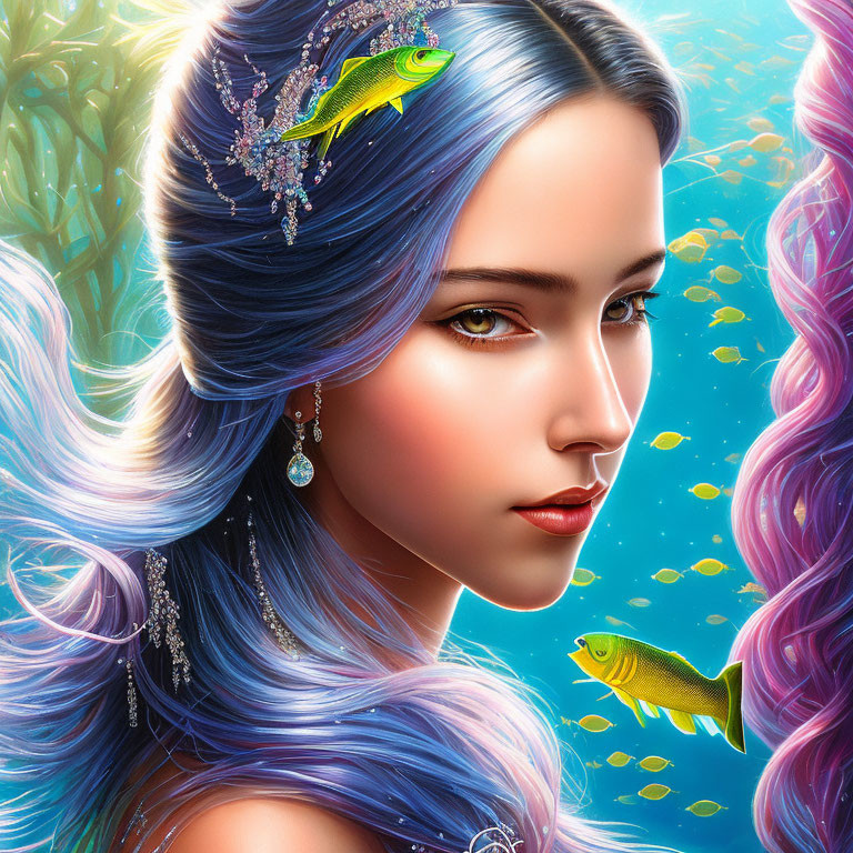 Digital artwork: Woman with blue hair and jeweled hairpiece, fish in underwater scene