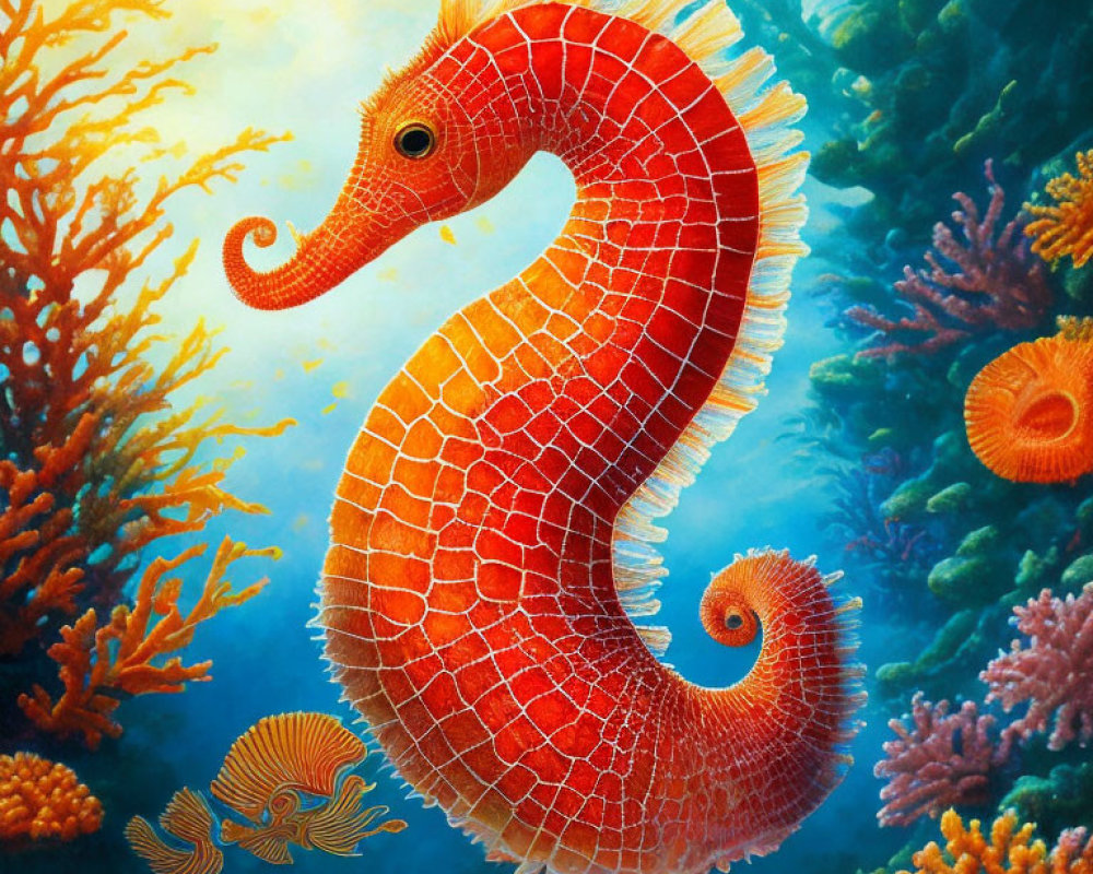 Detailed Red Seahorse Illustration Among Colorful Coral Reefs