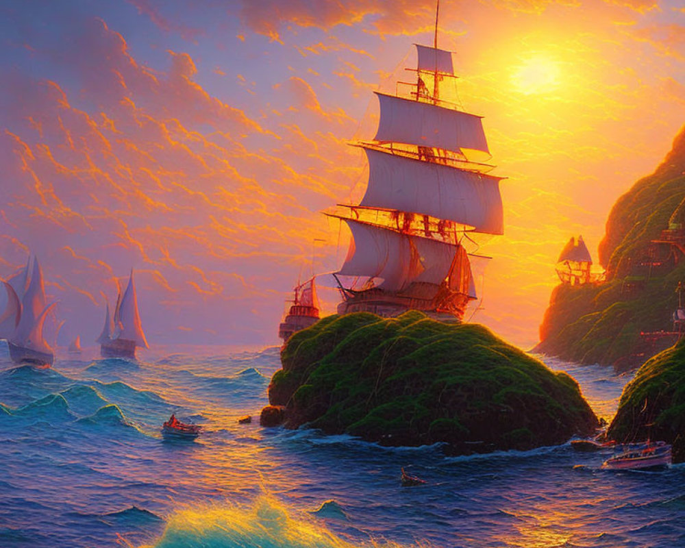 Sailing ships on turbulent seas near lush islands at sunset