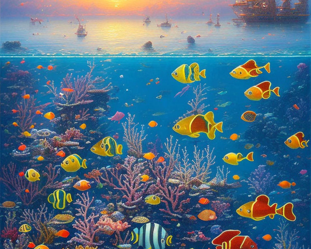 Colorful Fish and Coral in Vibrant Underwater Scene with Sunset and Sailing Ships