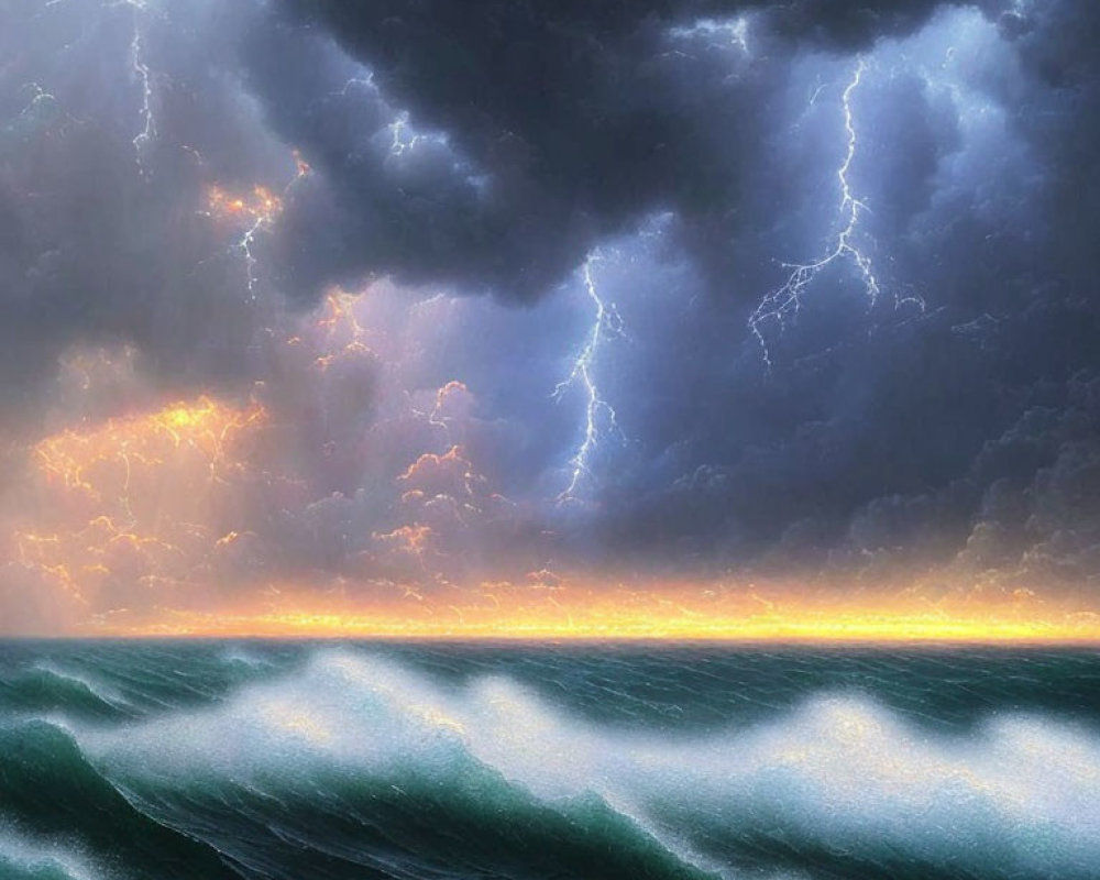 Stormy Ocean Scene with Lightning and Glowing Horizon