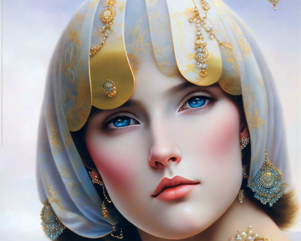 Realistic painting of a woman with blue eyes in pearl-embellished headscarf