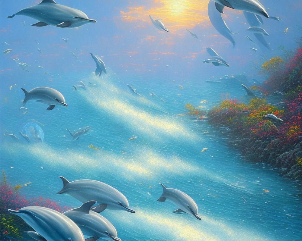 Pod of dolphins swimming in clear blue water with sunlit coral and fish