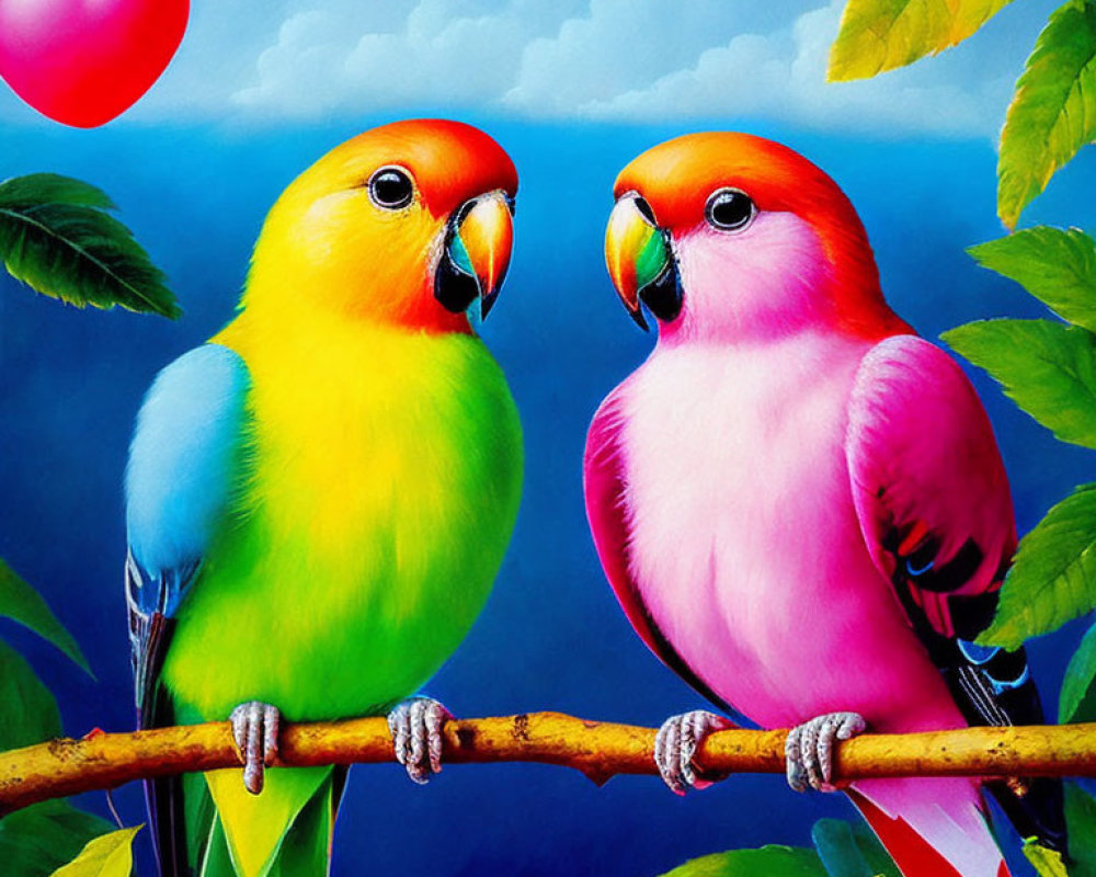 Vibrantly colored parakeets on branch with heart-shaped balloon against blue sky