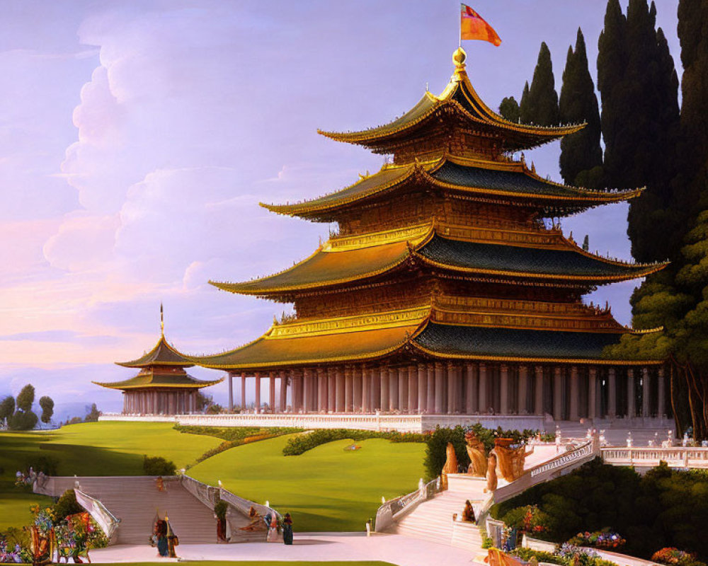 Traditional East Asian Pagoda Surrounded by Greenery and People